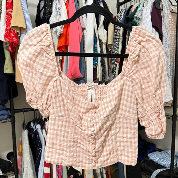 Reformation Norton Linen Top Size 2 Pink Gingham Puff Sleeve - Picture 4 of 6